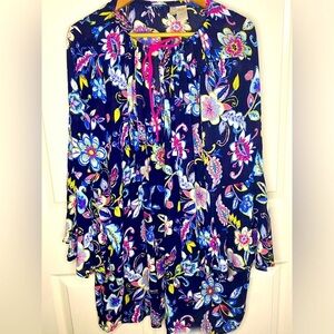 Anne Cole Blue and Pink Bell Sleeve Tunic Swimsuit Cover Up Boho Floral Design